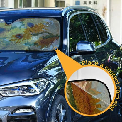 Car Windshield Sun Shade Van Gogh Sunflower Foldable Car Front Windshield Sunshade Blocks UV Rays Sun Visor Sun Heat Protection for Car Truck SUV to Keep Your Vehicle Cool (Small / Van Gogh Sunflower)