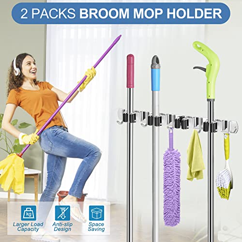 2 Pack Broom Holder Wall Mount Stainless Steel Mop Organizer (Stainless Steel - 4 Racks with 5 Hooks / 2 Pack)