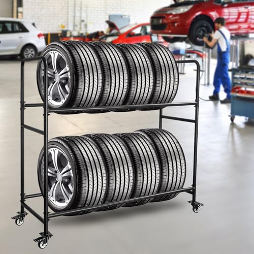 Tire Rack Adjustable Height Metal Rolling Storage Rack 60" x 59" x 21" for Garage