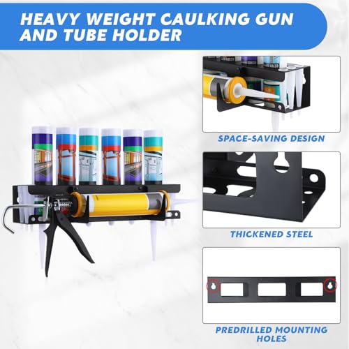 1 Pack Caulking Tube and Gun Holder 6 Slot 16.3 x 6.1 x 3.4 Inch Caulking Gun Storage Rack with Horizontally Base Sealant Organizer for Garage Workshop Work Van Wall Mounted Tubes and Nozzle (6 Slots)