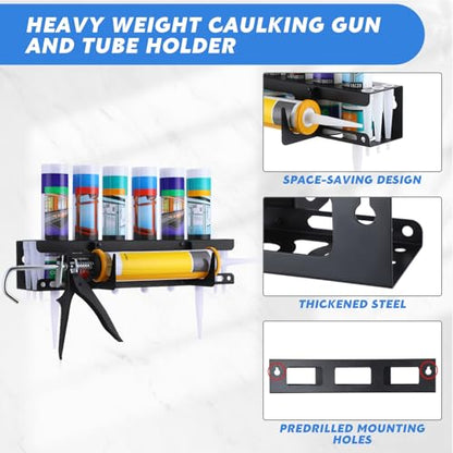 1 Pack Caulking Tube and Gun Holder 6 Slot 16.3 x 6.1 x 3.4 Inch Caulking Gun Storage Rack with Horizontally Base Sealant Organizer for Garage Workshop Work Van Wall Mounted Tubes and Nozzle (6 Slots)