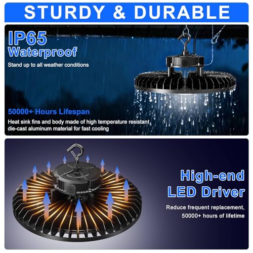 500W LED High Bay Light 70000LM ETL Listed Industrial Grade LED UFO Light Dimmable IP65 Waterproof 5000K Commercial Bay Lighting for Warehouse Garage Factory 110V 120V (Black)