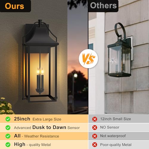 25IN Dusk to Dawn Outdoor Wall Sconce (Black(with Black Base) / 25-inch 3-e12 Base)