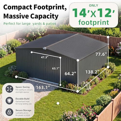 12' x 14' Waterproof Metal Outdoor Storage Shed (Dark Grey / 12x14)