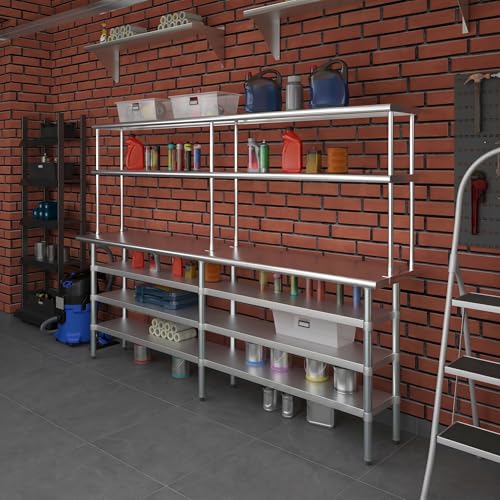 18" x 96" Stainless Steel Work Table with 3 Shelves and 12" Wide Double Tier Overshelf (18" x 96" Table with 3 Shelves + 12" Overshelf)
