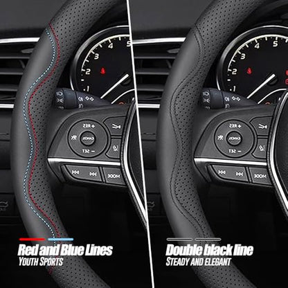 Nappa Premium Leather car Steering Wheel Cover (Black-A)