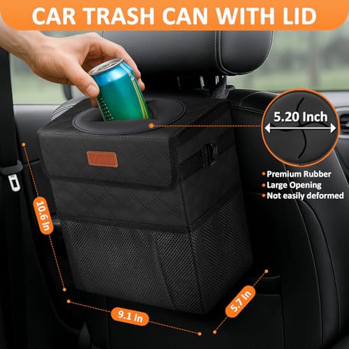 Car Trash Can with Lid Leak Proof Car Accessories for Women (2.2 Gallons / Quilted-Black)