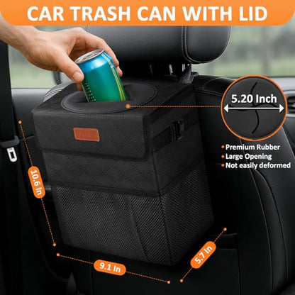 Car Trash Can with Lid Leak Proof Car Accessories for Women (2.2 Gallons / Quilted-Black)