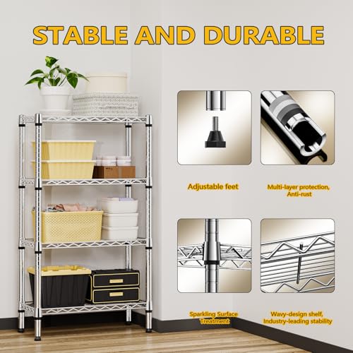 1000 lbs 4 Tier Shelf Metal Storage Shelves Wire Rack Closet Organizers for Garage Kitchen Bathroom Laundry Chrome 11.8" D x 25.6" W x 45.5" H (4 tier, 11.8" D x 25.6" W x 45.5" H / Chrome)