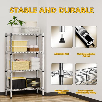 1000 lbs 4 Tier Shelf Metal Storage Shelves Wire Rack Closet Organizers for Garage Kitchen Bathroom Laundry Chrome 11.8" D x 25.6" W x 45.5" H (4 tier, 11.8" D x 25.6" W x 45.5" H / Chrome)