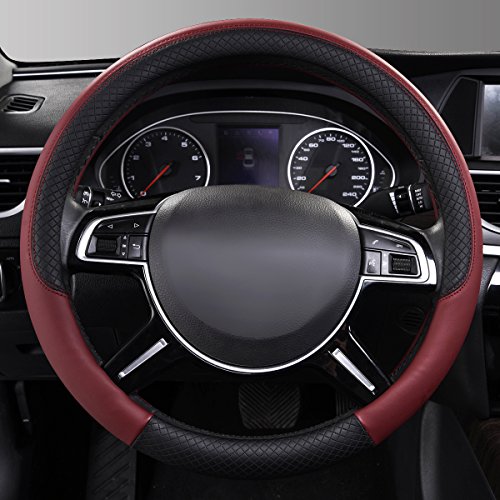 Rhombus Leather Universal Steering Wheel Cover (Black and Burgundy / Standard[14.5"-15"])