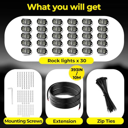 30 Pods 810 LEDs 6000K White Rock Lights with 32.8FT Extension Wire (30 Pods+11 yard wire)