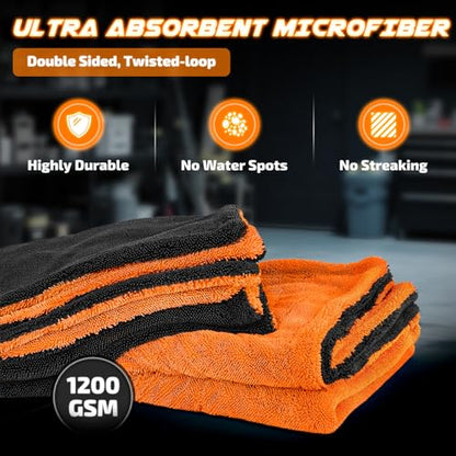 2 Pack 1200 GSM Car Drying Towels (Orange / Pack of 2)