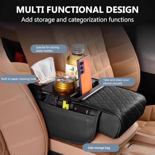 5-in-1 Center Console Cover with Cup Holder & Phone Slot, Universal Car Armrest Cushion Organizer, Leather Armrest Cover for Car (Style-A)