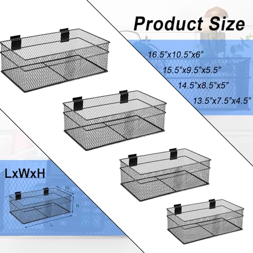 4 Pcs Slatwall Basket Set Ventilated Metal Slatwall Basket Hanging Wire Bins Wall Mounted Accessories for Panel Garage Storage Display Organizing (XX-Large / Black)