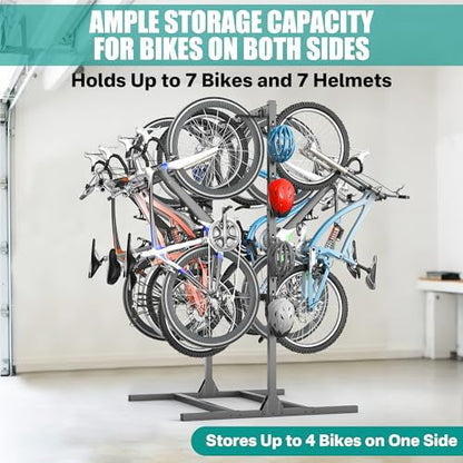 Freestanding Bike Stand Rack with Adjustable Hooks (7 Bike & 7 Helmet Hooks)