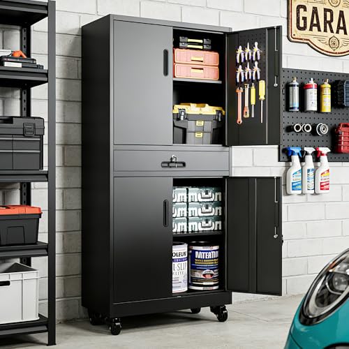 Metal Storage Cabinet for Garage (Black / L - 4 Doors & 1 Drawers (Wheeled))