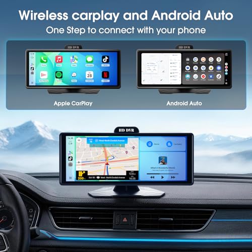 10.26" Portable Wireless CarPlay & Android Auto Screen for Car Stereo with 1080P Dash Cam & Backup Camera