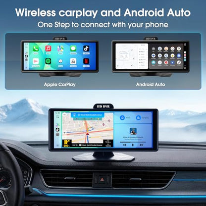 10.26" Portable Wireless CarPlay & Android Auto Screen for Car Stereo with 1080P Dash Cam & Backup Camera