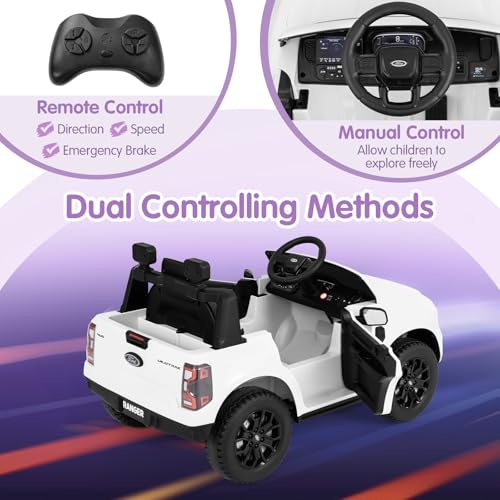 Ride On Car 12V Licensed Ford Ranger Electric Vehicle for Kids (White / 41.5” x 25” x 24”)