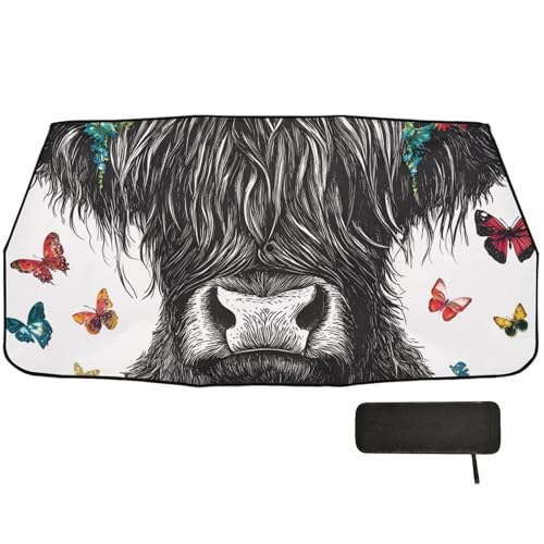 Car Front Windshield Sunshade (Highland Cow Flowers Butterflies)