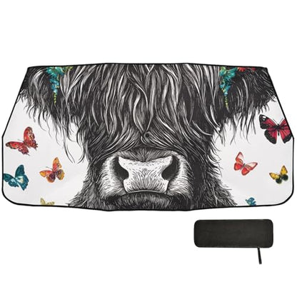 Car Front Windshield Sunshade (Highland Cow Flowers Butterflies)
