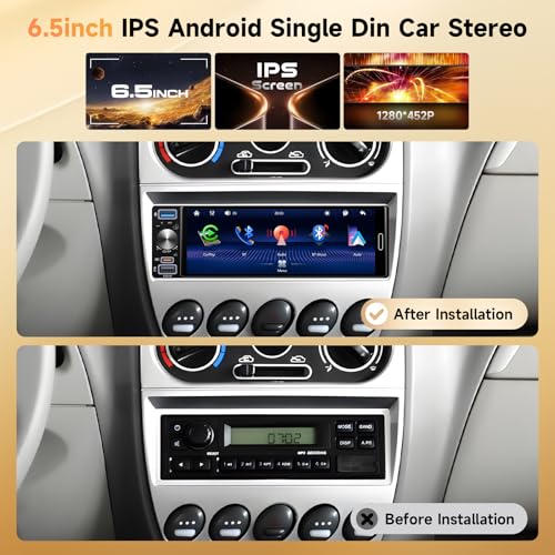 Single Din Stereo Receiver 6.5'' Touchscreen Wireless CarPlay Android Auto