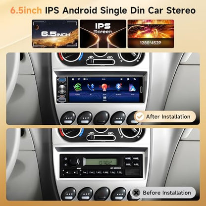 Single Din Stereo Receiver 6.5'' Touchscreen Wireless CarPlay Android Auto