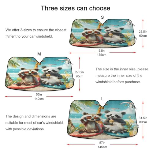 Car Windshield Sun Shade Raccoon Surfer and Sloth Panda Foldable Car Front Windshield Sunshade Blocks UV Rays Sun Visor Sun Heat Protection for Car Truck SUV to Keep Your Vehicle Cool (Medium / Raccoon Surfer and Sloth Panda)