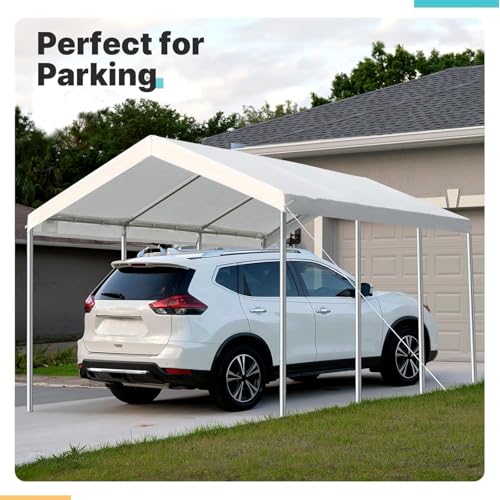Carport Replacement Canopy Cover for Car Tent Top Garage Shelter Cover Tarp with Ball Bungees (White / 10' x 20')