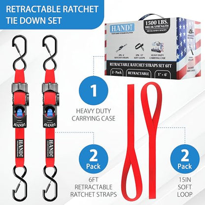 USA Based Retractable Ratchet Straps (1in x 6ft - 2 Pack / Red)