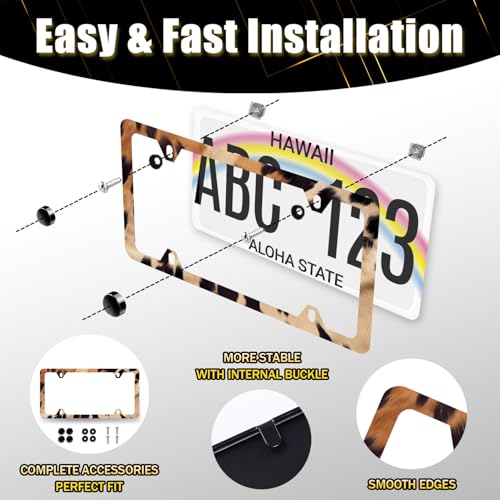 Brown Cow Print License Plate Frame Animal Spots License Holder with 4 Hole (Vintage Brown White Cows Print)