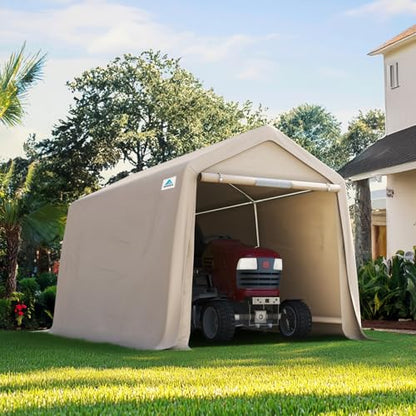 8x14 ft Steel Metal Peak Roof Portable Garage Shelter Storage Shed Carport for Motorcycle (Beige / 8'x14')