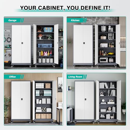 75" Tall Metal Storage Cabinet with Wheels (75"H x 31.5"W x 16"D / Gray White)
