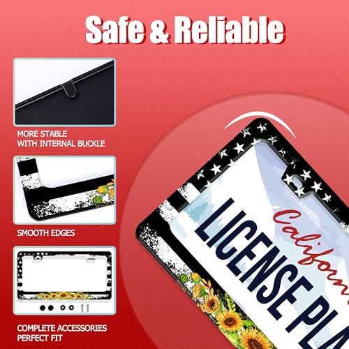 American Flag Sunflower License Plate Frame Patriotic Floral License Plate Frames for Car Decorative Parts Stainless Stee License Plate for Standard Us Canada Funny License Plate Holder 12x6 Inch (American Flag Sunflower)