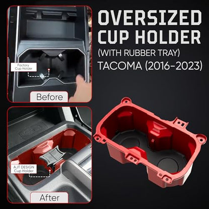 Oversize Cup Holder with Tray Compatible with Toyota Tacoma 2016 (Red / With Rubber Tray)