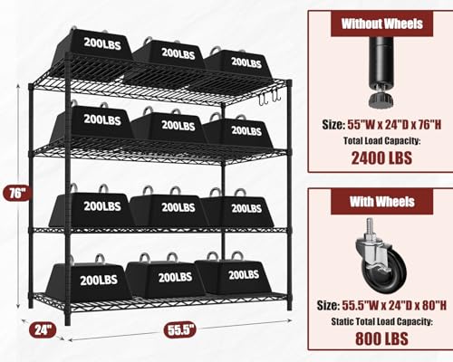 55.5" Wx24 x80 Heavy Duty Metal Wire Storage Shelving with Wheels (55.5"W x 24"D x 80"H)