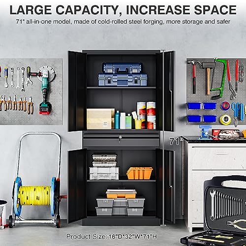 Metal Garage Storage Cabinet with Drawer and Lock (71"H x 31.5"W x 16"D / Black)