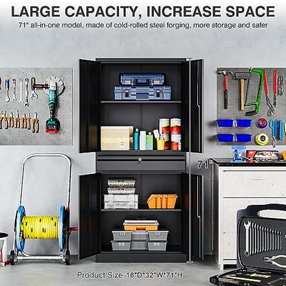 Metal Garage Storage Cabinet with Drawer and Lock (71"H x 31.5"W x 16"D / Black)