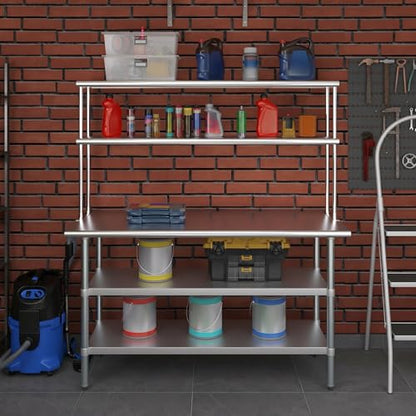 Stainless Steel Work Table with 2 Shelves (24" x 60" Table With 2 Shelves + 12" Overshelf)