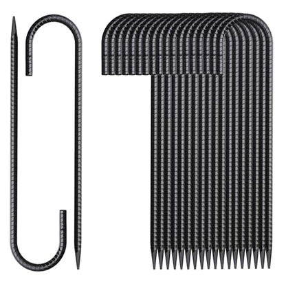 Rebar Stakes 16 Inch 20 Pack J Hook Ground Stakes Heavy Duty Tent Stakes Chain Link Fence Stakes with Chisel Point End Galvanized Steel Ground Anchors Metal Spikes Black Coated (J-16"x3/8"-20pcs)