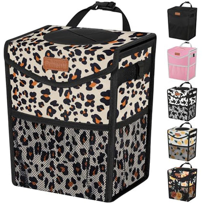 Car Trash Can with Lid Leakproof Car Garbage Bag Vehicle Trash Bin (2.8 Gallons / Leopard)