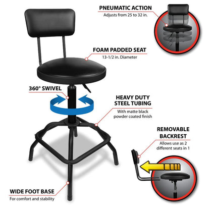 W85016 Pneumatic Shop Stool with Removable Backrest (Pneumatic Stool w/Removable Backrest)