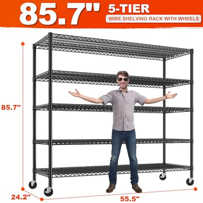 85.7"H 5 Tier Garage Shelving with Wheels&Feet (5-Tier,55.5" W X 85.7" H X 24.2" D)