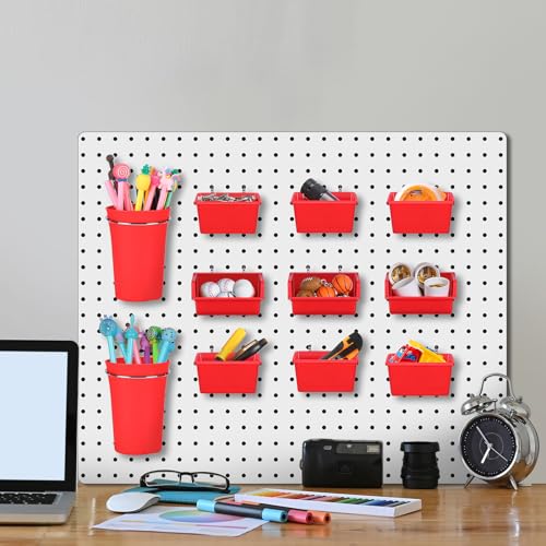20 Pcs Pegboard Bins and Cups Accessories with Hooks (Red)