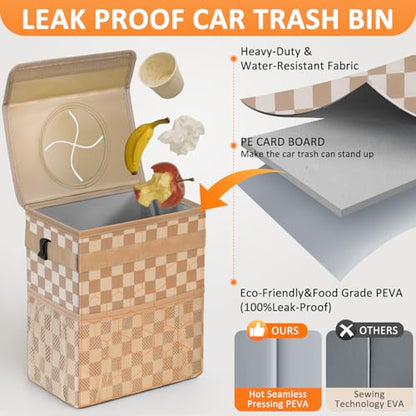 Car Trash Can with Lid Leak Proof Car Accessories for Women (2.2 Gallons / Khaki Checkered)