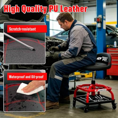 Rolling Shop Stool with Wheels (Red)