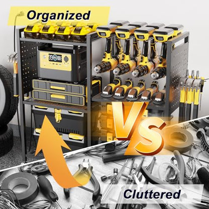6 Tier Large Power Tool Organizer Cart with Charging Station (Black)
