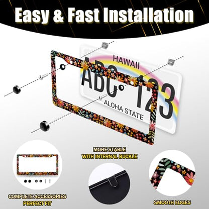 Stainless Steel Beautiful Flowers License Plate Frame 12.2 x 6.2 Inch (Colored Floral Flower)