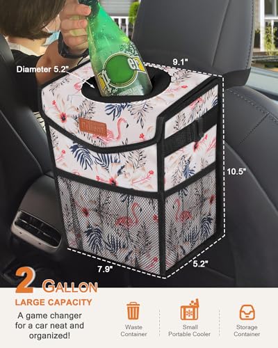 Car Trash Can with Lid Leakproof Car Garbage Bag Vehicle Trash Bin (2 Gallons / Flamingo Print)